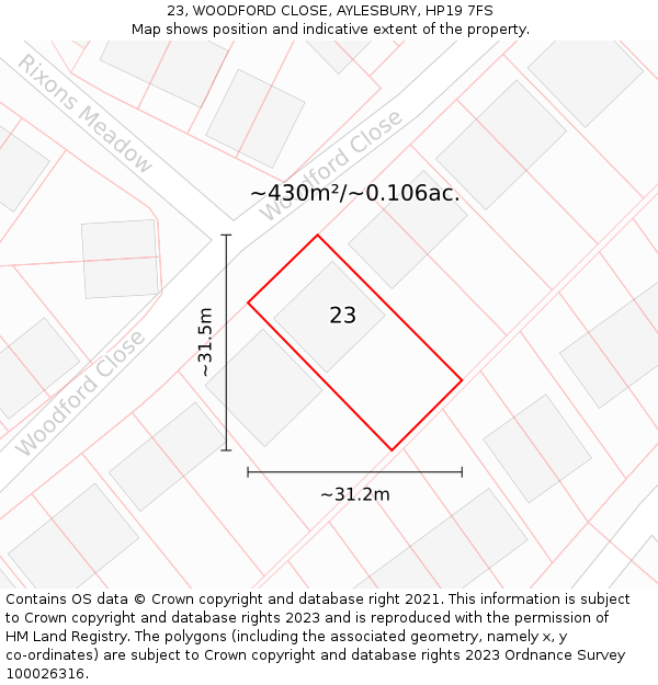 23, WOODFORD CLOSE, AYLESBURY, HP19 7FS: Plot and title map