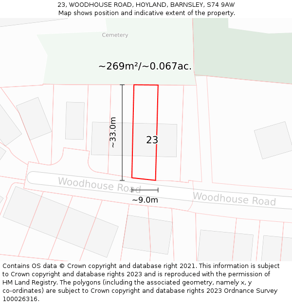 23, WOODHOUSE ROAD, HOYLAND, BARNSLEY, S74 9AW: Plot and title map