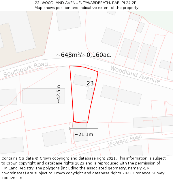 23, WOODLAND AVENUE, TYWARDREATH, PAR, PL24 2PL: Plot and title map