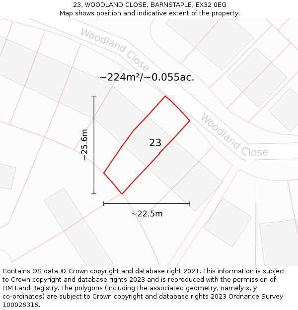 23, WOODLAND CLOSE, BARNSTAPLE, EX32 0EG: Plot and title map