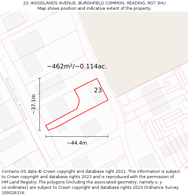 23, WOODLANDS AVENUE, BURGHFIELD COMMON, READING, RG7 3HU: Plot and title map