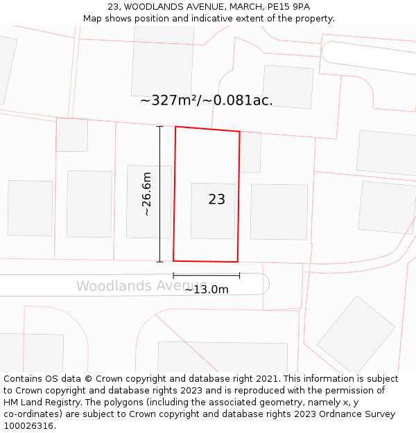 23, WOODLANDS AVENUE, MARCH, PE15 9PA: Plot and title map