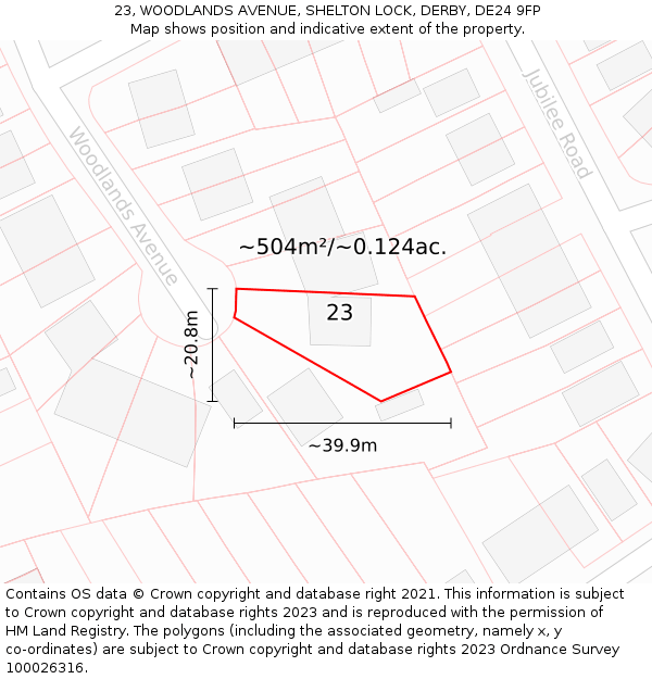 23, WOODLANDS AVENUE, SHELTON LOCK, DERBY, DE24 9FP: Plot and title map