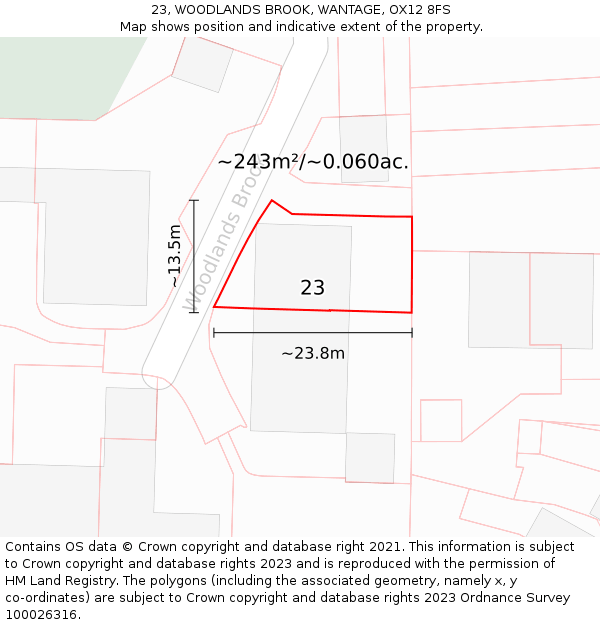23, WOODLANDS BROOK, WANTAGE, OX12 8FS: Plot and title map