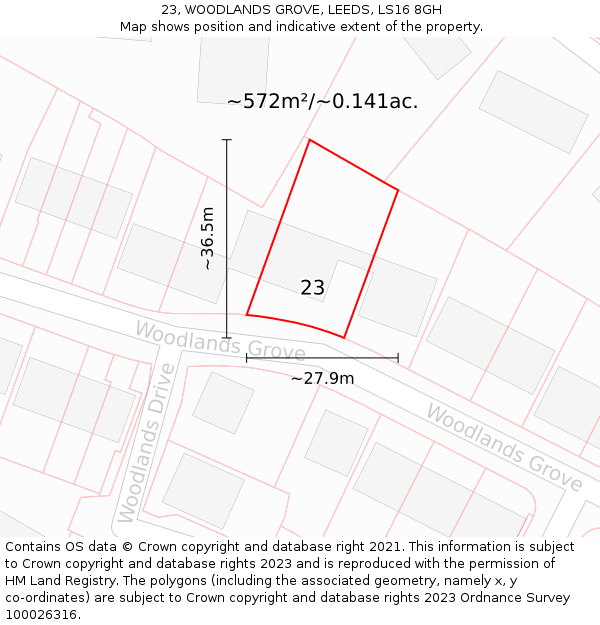 23, WOODLANDS GROVE, LEEDS, LS16 8GH: Plot and title map