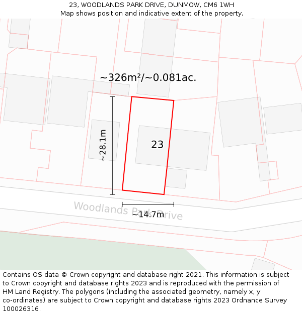 23, WOODLANDS PARK DRIVE, DUNMOW, CM6 1WH: Plot and title map