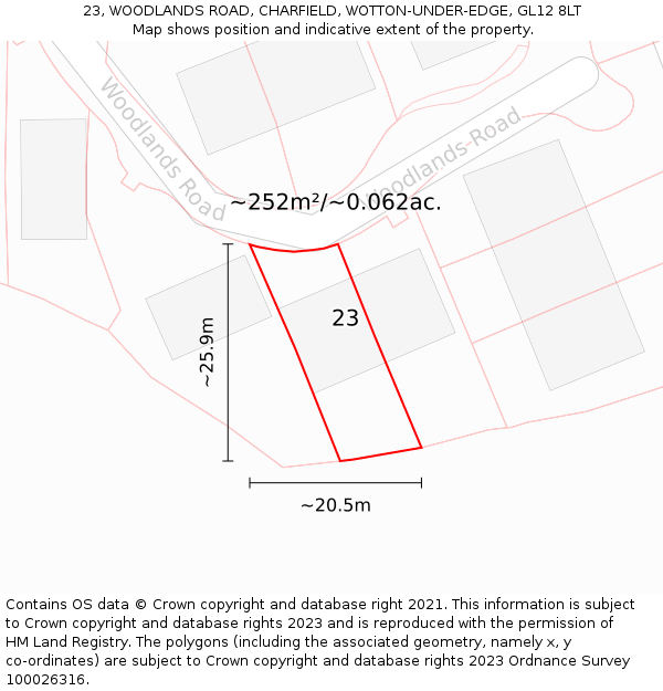 23, WOODLANDS ROAD, CHARFIELD, WOTTON-UNDER-EDGE, GL12 8LT: Plot and title map