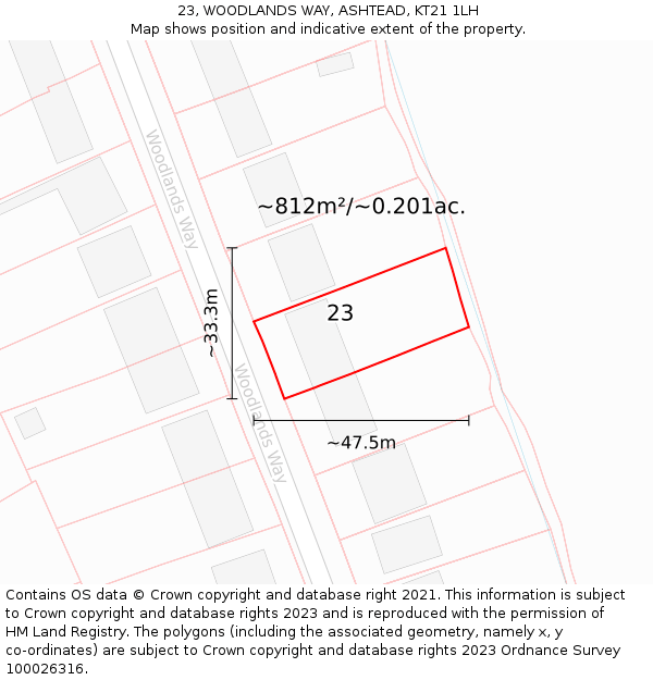 23, WOODLANDS WAY, ASHTEAD, KT21 1LH: Plot and title map