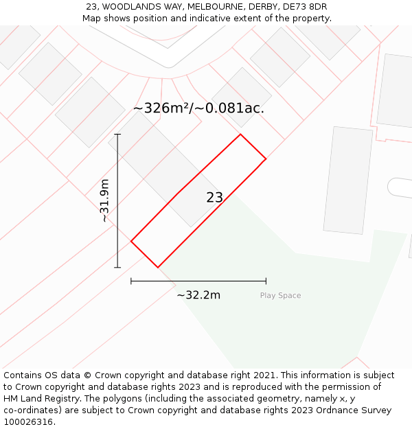 23, WOODLANDS WAY, MELBOURNE, DERBY, DE73 8DR: Plot and title map