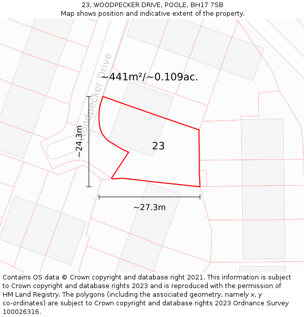 23, WOODPECKER DRIVE, POOLE, BH17 7SB: Plot and title map