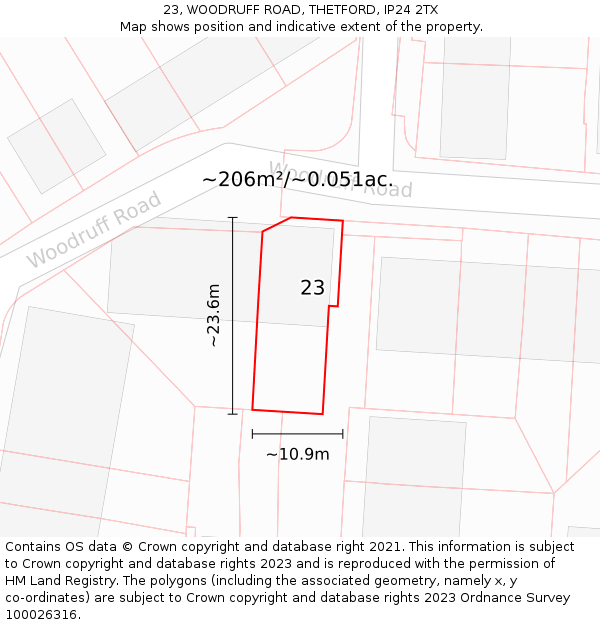 23, WOODRUFF ROAD, THETFORD, IP24 2TX: Plot and title map