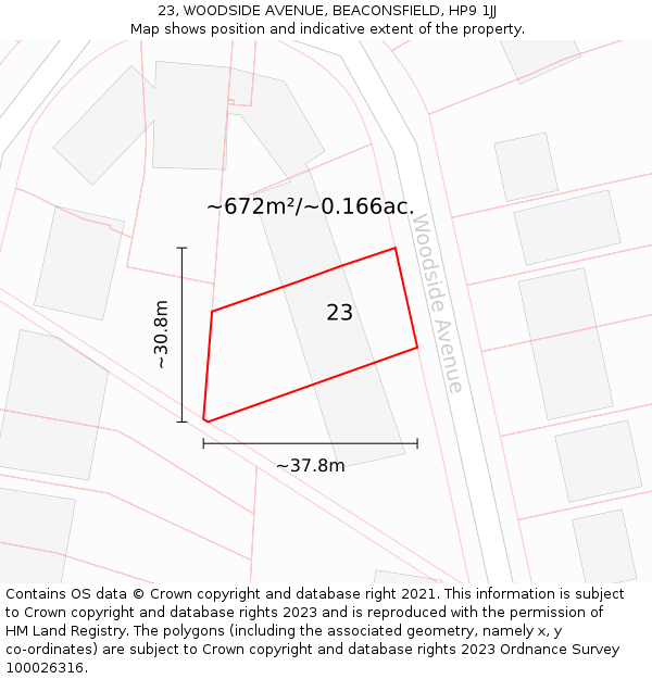23, WOODSIDE AVENUE, BEACONSFIELD, HP9 1JJ: Plot and title map
