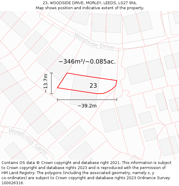 23, WOODSIDE DRIVE, MORLEY, LEEDS, LS27 9NL: Plot and title map
