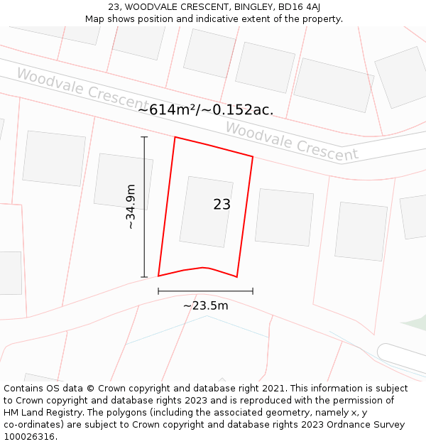 23, WOODVALE CRESCENT, BINGLEY, BD16 4AJ: Plot and title map