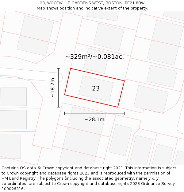 23, WOODVILLE GARDENS WEST, BOSTON, PE21 8BW: Plot and title map