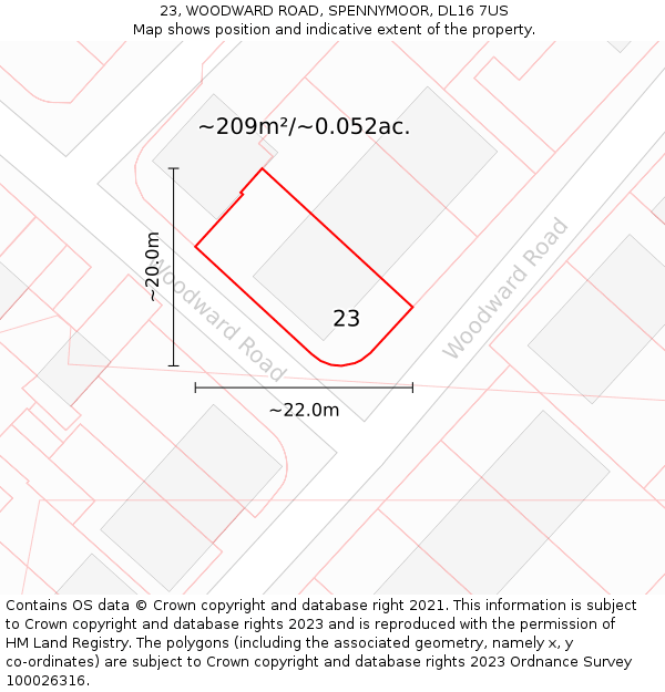 23, WOODWARD ROAD, SPENNYMOOR, DL16 7US: Plot and title map