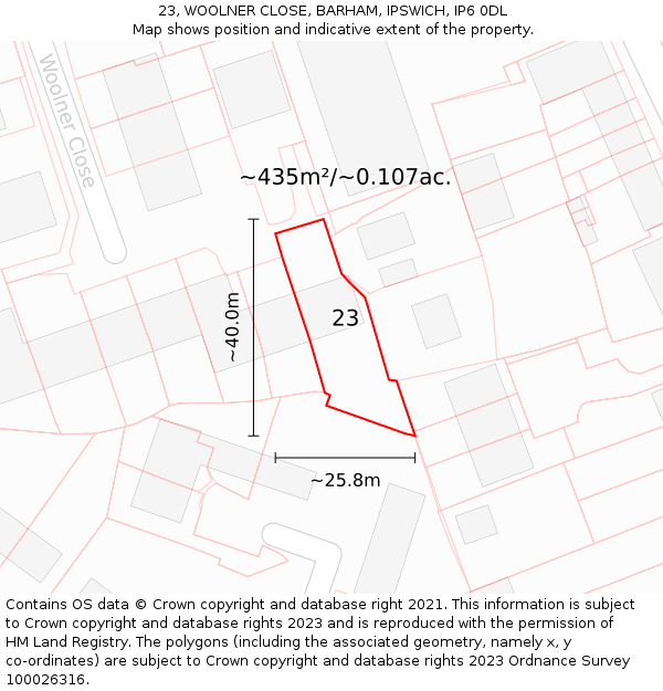 23, WOOLNER CLOSE, BARHAM, IPSWICH, IP6 0DL: Plot and title map