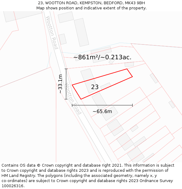 23, WOOTTON ROAD, KEMPSTON, BEDFORD, MK43 9BH: Plot and title map