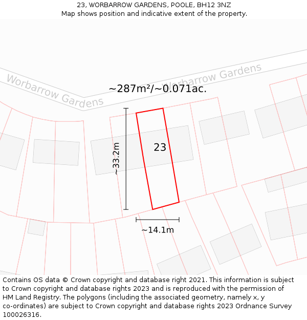 23, WORBARROW GARDENS, POOLE, BH12 3NZ: Plot and title map