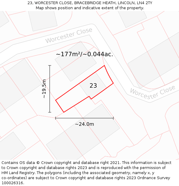 23, WORCESTER CLOSE, BRACEBRIDGE HEATH, LINCOLN, LN4 2TY: Plot and title map