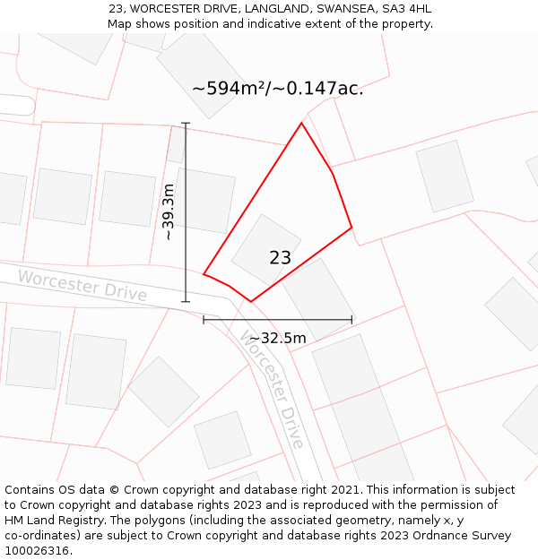 23, WORCESTER DRIVE, LANGLAND, SWANSEA, SA3 4HL: Plot and title map