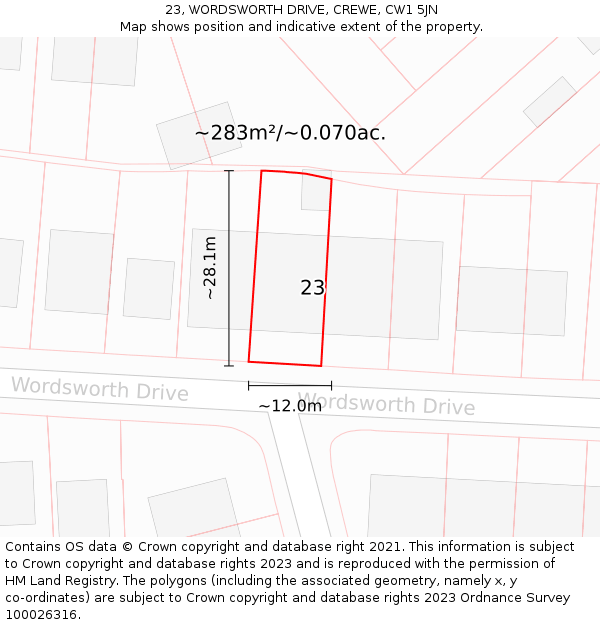 23, WORDSWORTH DRIVE, CREWE, CW1 5JN: Plot and title map