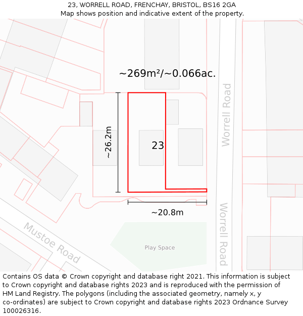 23, WORRELL ROAD, FRENCHAY, BRISTOL, BS16 2GA: Plot and title map