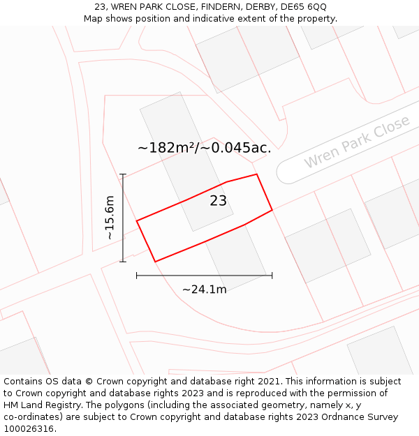 23, WREN PARK CLOSE, FINDERN, DERBY, DE65 6QQ: Plot and title map