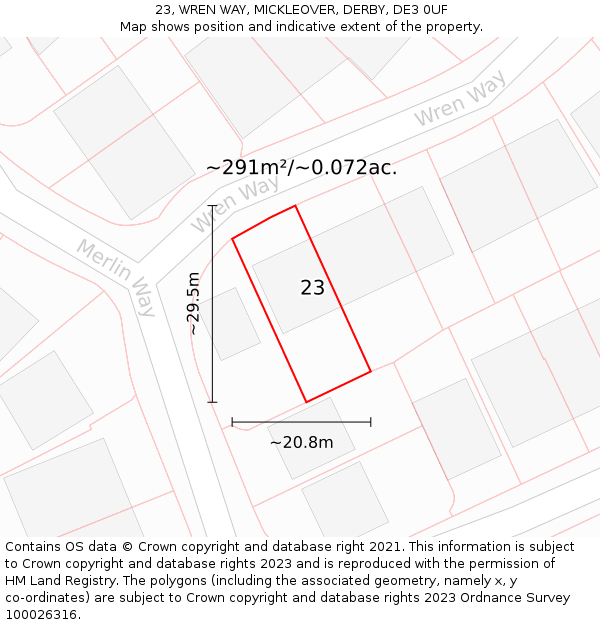 23, WREN WAY, MICKLEOVER, DERBY, DE3 0UF: Plot and title map