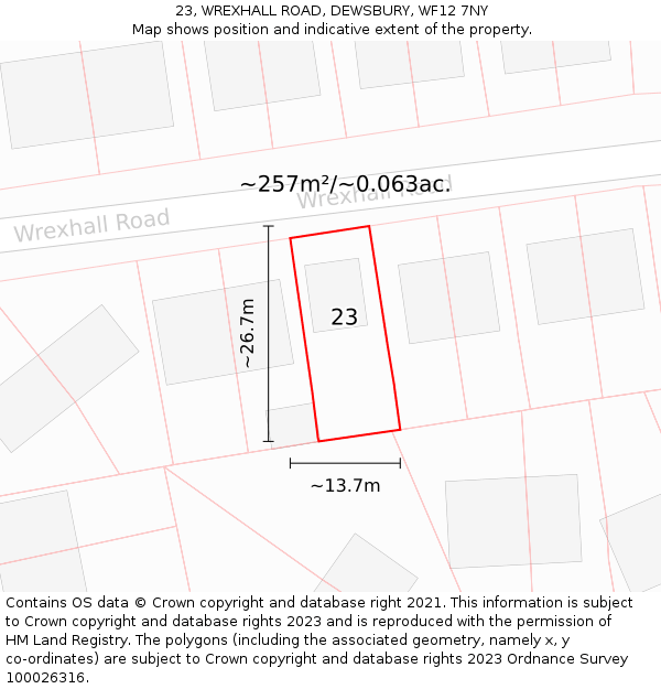 23, WREXHALL ROAD, DEWSBURY, WF12 7NY: Plot and title map