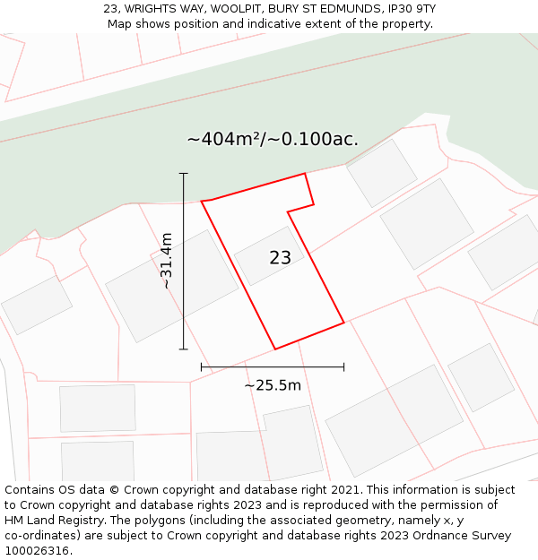 23, WRIGHTS WAY, WOOLPIT, BURY ST EDMUNDS, IP30 9TY: Plot and title map