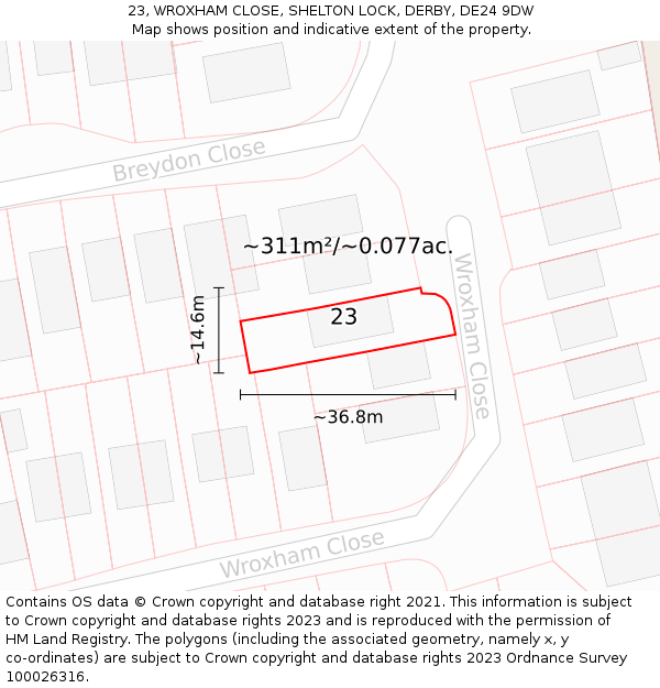 23, WROXHAM CLOSE, SHELTON LOCK, DERBY, DE24 9DW: Plot and title map