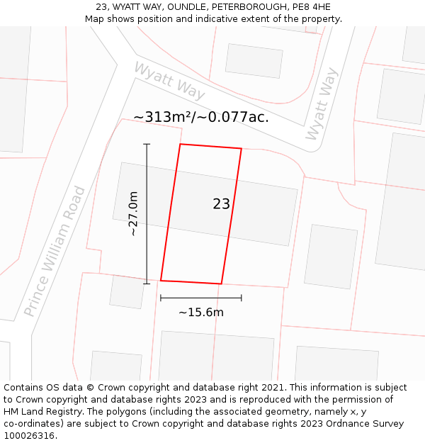 23, WYATT WAY, OUNDLE, PETERBOROUGH, PE8 4HE: Plot and title map