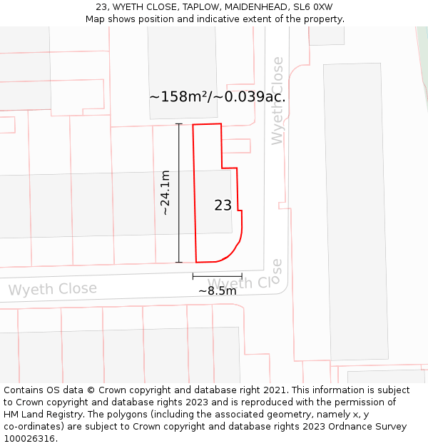 23, WYETH CLOSE, TAPLOW, MAIDENHEAD, SL6 0XW: Plot and title map