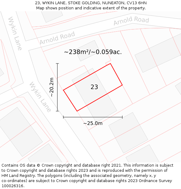 23, WYKIN LANE, STOKE GOLDING, NUNEATON, CV13 6HN: Plot and title map