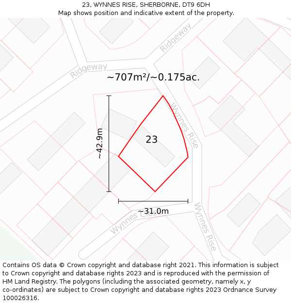 23, WYNNES RISE, SHERBORNE, DT9 6DH: Plot and title map