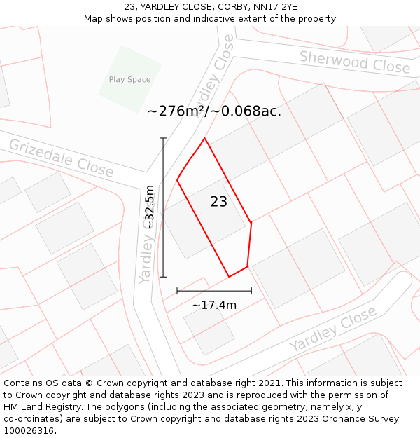 23, YARDLEY CLOSE, CORBY, NN17 2YE: Plot and title map