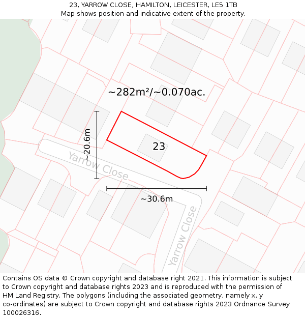 23, YARROW CLOSE, HAMILTON, LEICESTER, LE5 1TB: Plot and title map