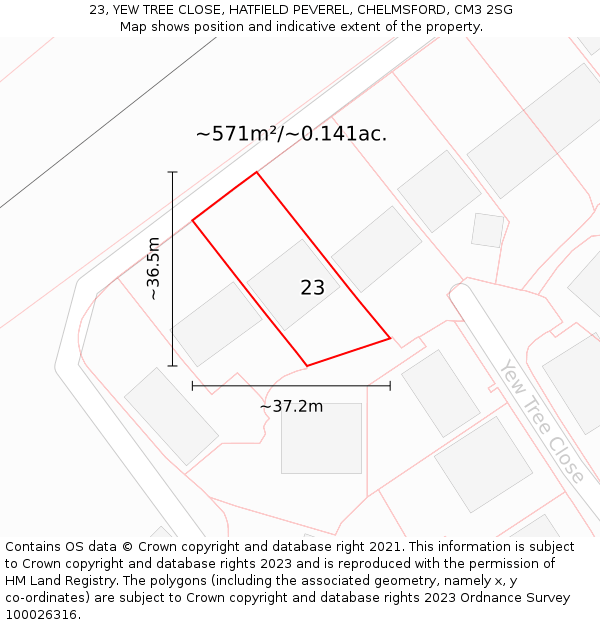 23, YEW TREE CLOSE, HATFIELD PEVEREL, CHELMSFORD, CM3 2SG: Plot and title map