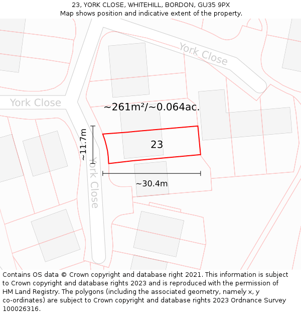 23, YORK CLOSE, WHITEHILL, BORDON, GU35 9PX: Plot and title map