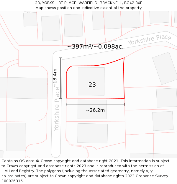 23, YORKSHIRE PLACE, WARFIELD, BRACKNELL, RG42 3XE: Plot and title map