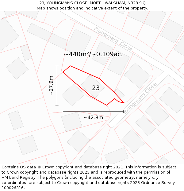 23, YOUNGMANS CLOSE, NORTH WALSHAM, NR28 9JQ: Plot and title map