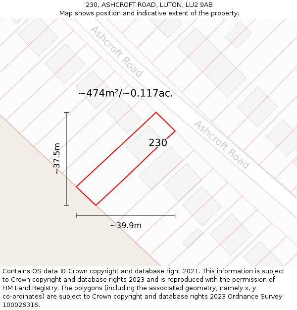 230, ASHCROFT ROAD, LUTON, LU2 9AB: Plot and title map