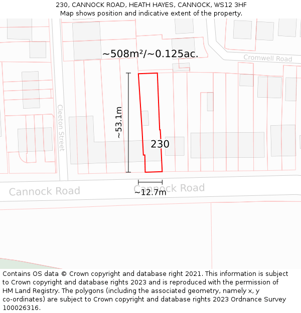 230, CANNOCK ROAD, HEATH HAYES, CANNOCK, WS12 3HF: Plot and title map