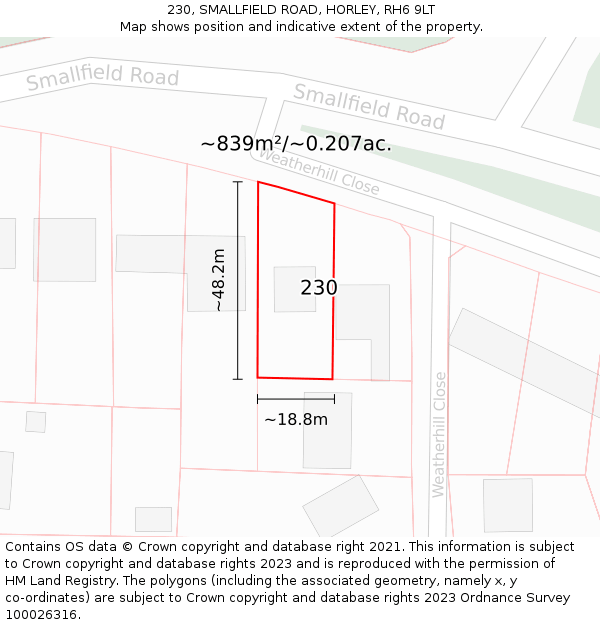 230, SMALLFIELD ROAD, HORLEY, RH6 9LT: Plot and title map