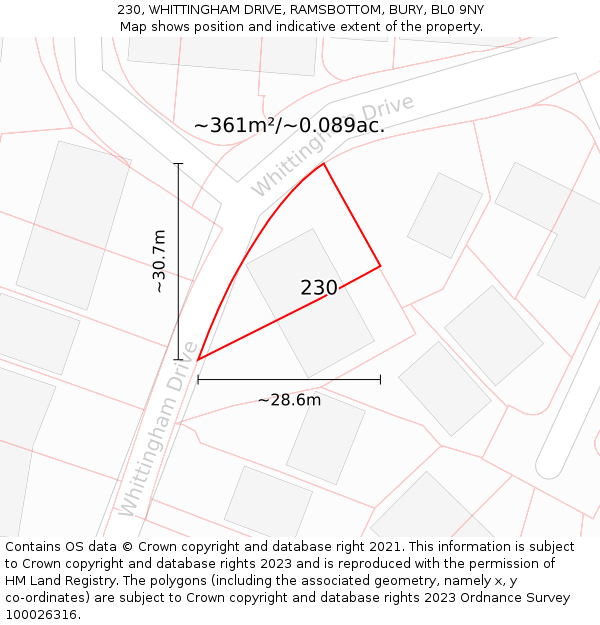 230, WHITTINGHAM DRIVE, RAMSBOTTOM, BURY, BL0 9NY: Plot and title map