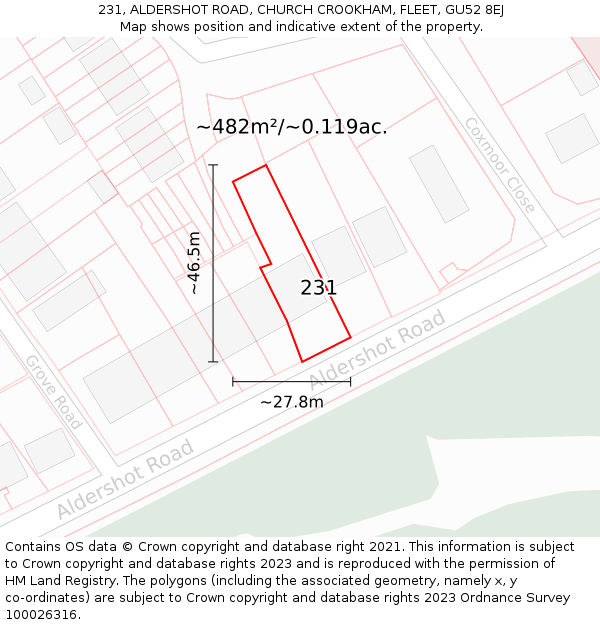 231, ALDERSHOT ROAD, CHURCH CROOKHAM, FLEET, GU52 8EJ: Plot and title map