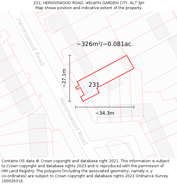 231, HERONSWOOD ROAD, WELWYN GARDEN CITY, AL7 3JH: Plot and title map