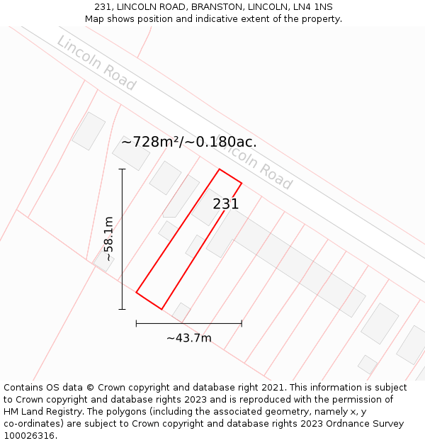 231, LINCOLN ROAD, BRANSTON, LINCOLN, LN4 1NS: Plot and title map