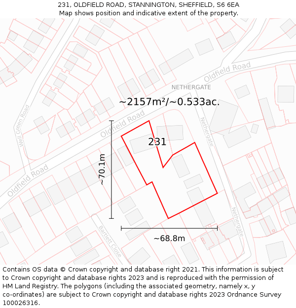 231, OLDFIELD ROAD, STANNINGTON, SHEFFIELD, S6 6EA: Plot and title map